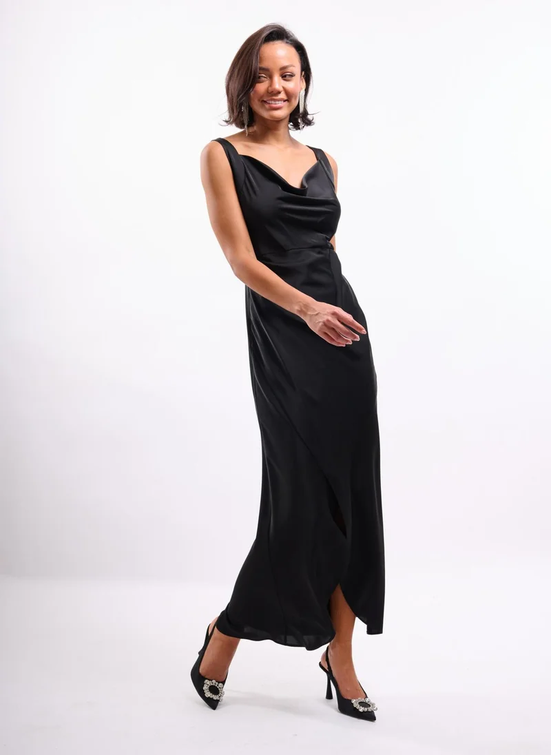 Faia Black Cowl Wrap Satin Dress in Black for Women | Best Price UAE