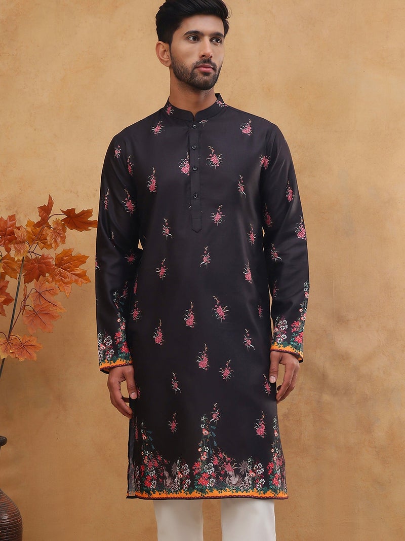 NOZ2TOZ Black Floral Printed Kurta for Men - Image 5