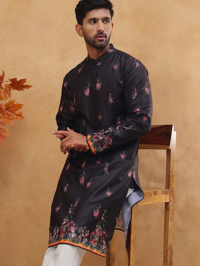 NOZ2TOZ Black Floral Printed Kurta for Men - Image 1