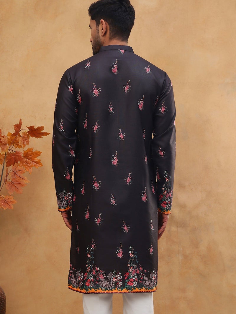 NOZ2TOZ Black Floral Printed Kurta for Men - Image 2