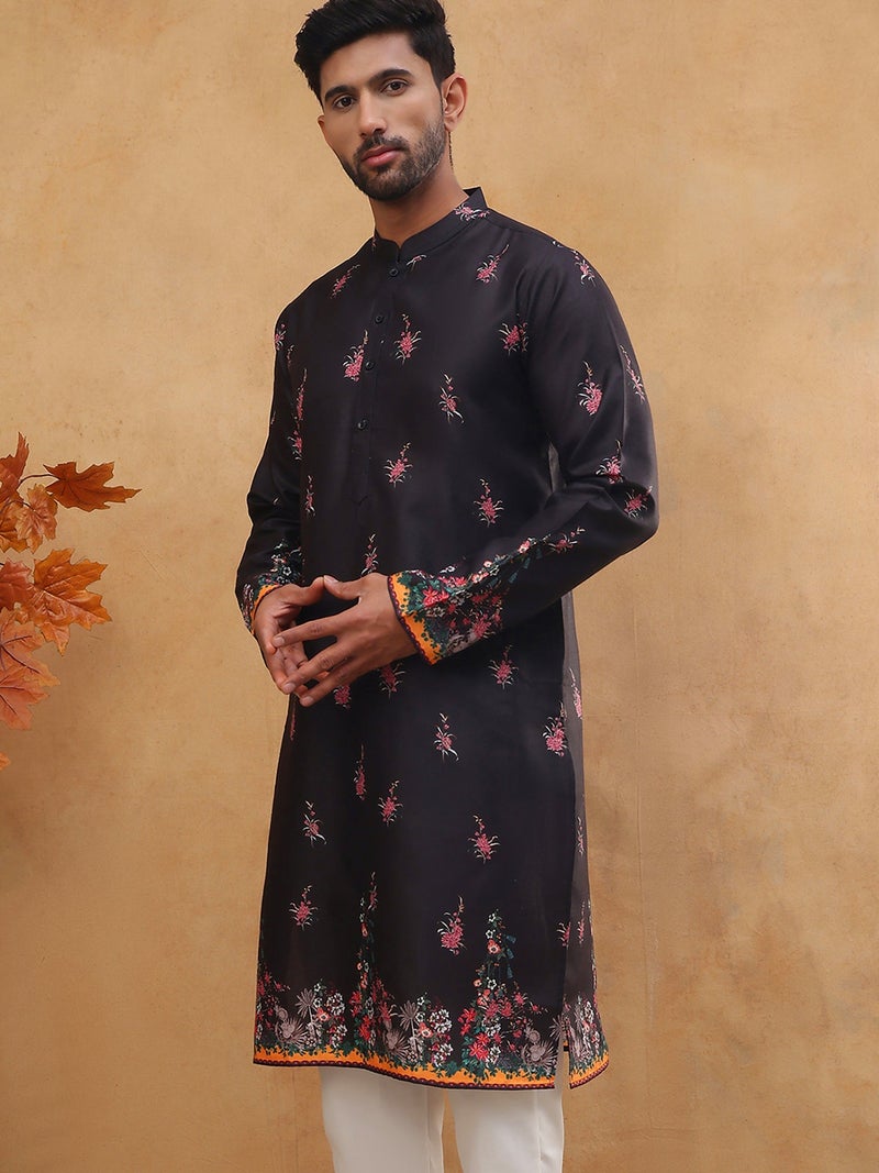NOZ2TOZ Black Floral Printed Kurta for Men - Image 3