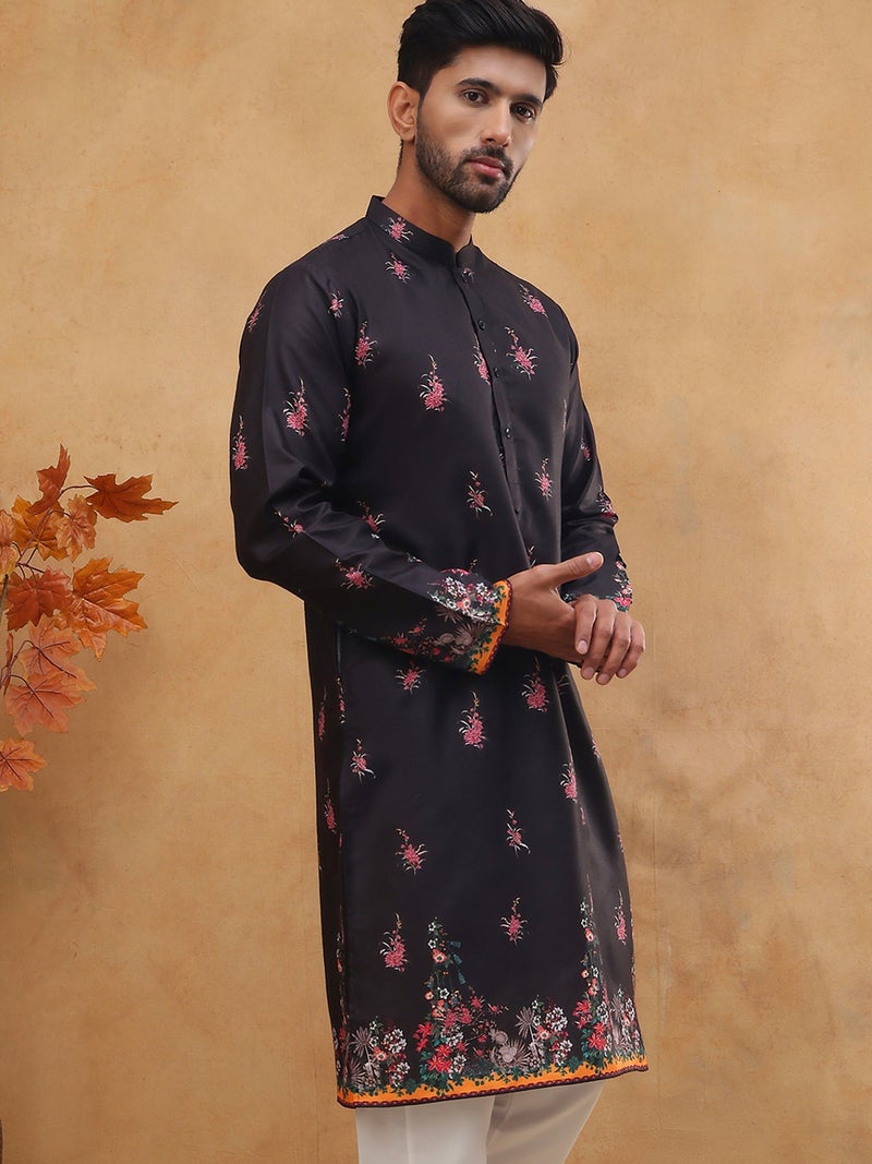 NOZ2TOZ Black Floral Printed Kurta for Men - Image 4