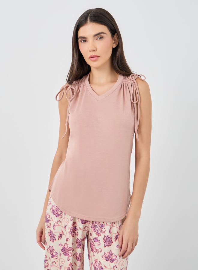 Styli V Neck Ruched Shoulder Tank and Floral Pyjama Set - Image 3