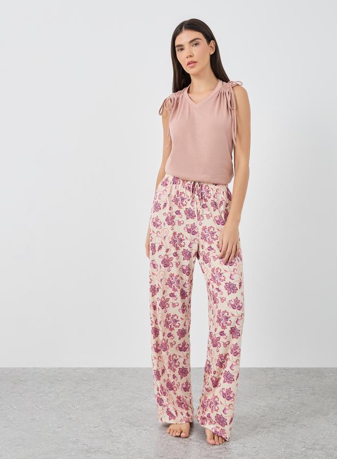 Styli V Neck Ruched Shoulder Tank and Floral Pyjama Set - Image 5