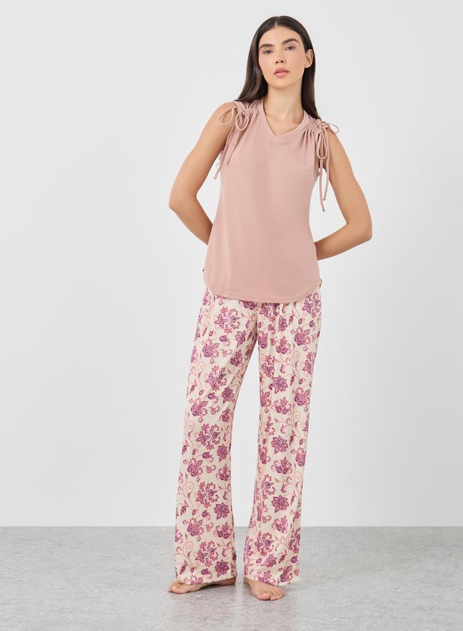 Styli V Neck Ruched Shoulder Tank and Floral Pyjama Set - Image 2