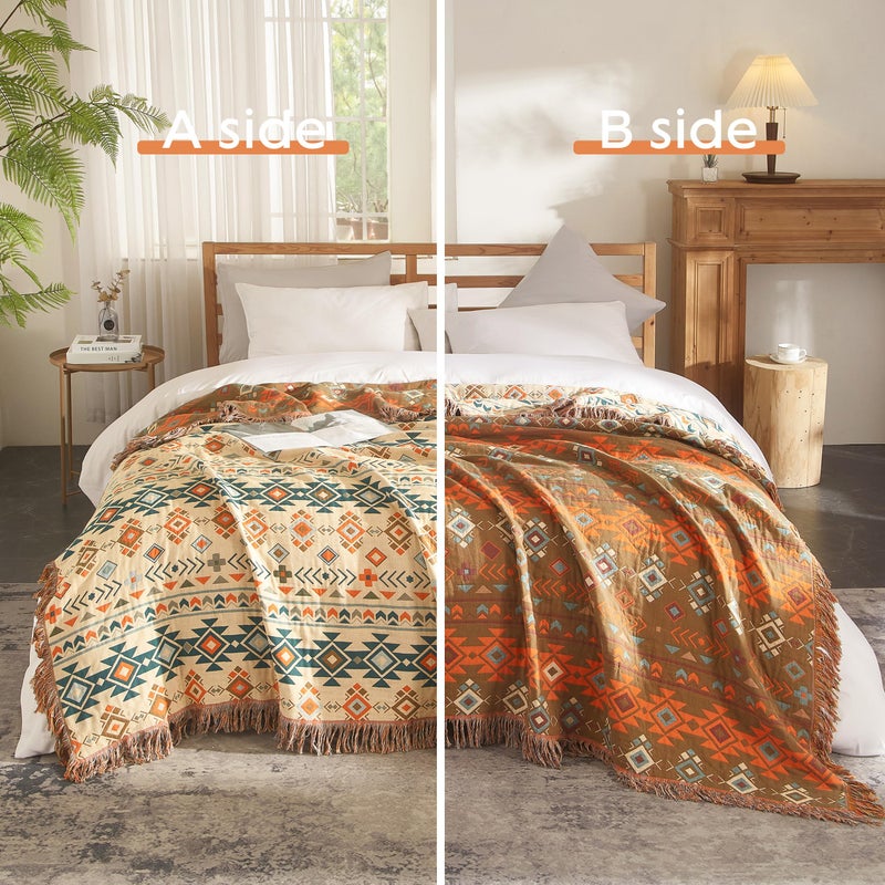 SE SOFTEXLY Boho Throw Blanket for Bed 60â€x80â€, 100% Cotton Woven Blanket for Couch Sofa, Ultra Soft 4-Layer Muslin Quilt with Diamond Pattern, Farmhouse Bed Blanket/Cover for Living Room Decor - Image 2