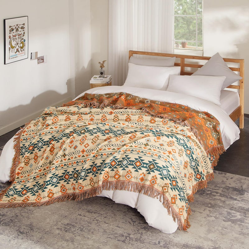 SE SOFTEXLY Boho Throw Blanket for Bed 60â€x80â€, 100% Cotton Woven Blanket for Couch Sofa, Ultra Soft 4-Layer Muslin Quilt with Diamond Pattern, Farmhouse Bed Blanket/Cover for Living Room Decor - Image 3