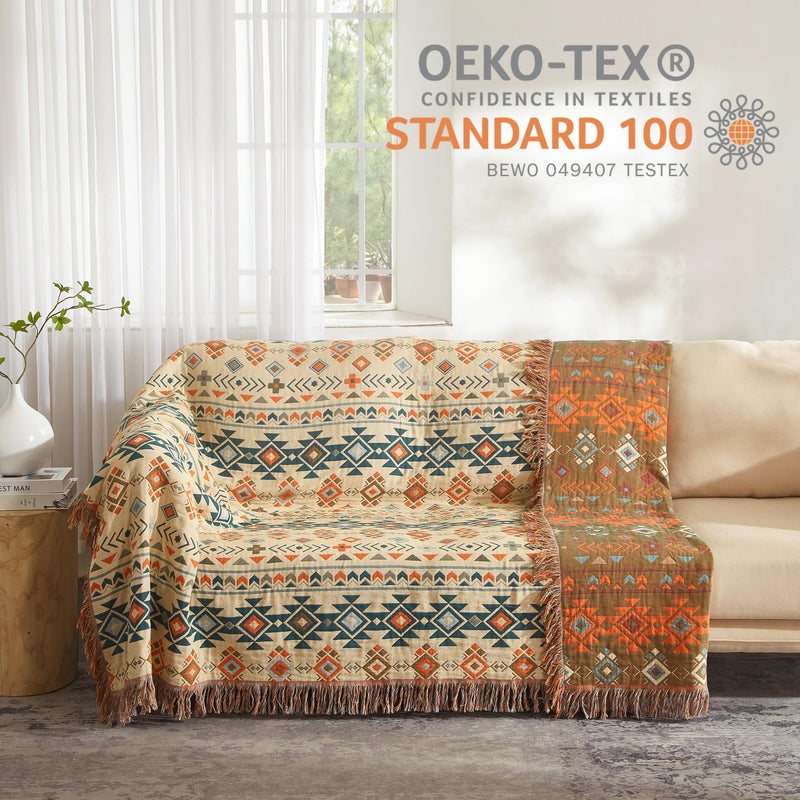 SE SOFTEXLY Boho Throw Blanket for Bed 60â€x80â€, 100% Cotton Woven Blanket for Couch Sofa, Ultra Soft 4-Layer Muslin Quilt with Diamond Pattern, Farmhouse Bed Blanket/Cover for Living Room Decor - Image 4
