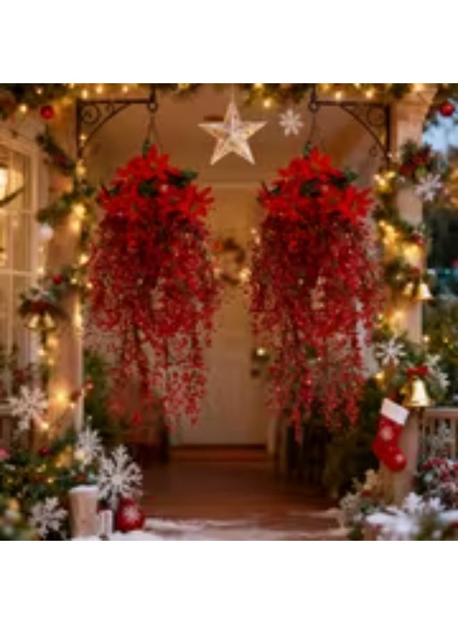 إيروريكس مجموعة 6 قطع من إكليل الزهور الصناعية – بنتسيتا حمراء واقعية مع أجراس ذهبية وكرمة الصفصاف وأوراق خضراء، ديكور كريسماس بلاستيكي بتصميم يدوي للتعليق على الأبواب والشرفات والأسوار في الداخل/الخارج – سهل التعليق ومناسب للشتاء طوال العام - Image 2