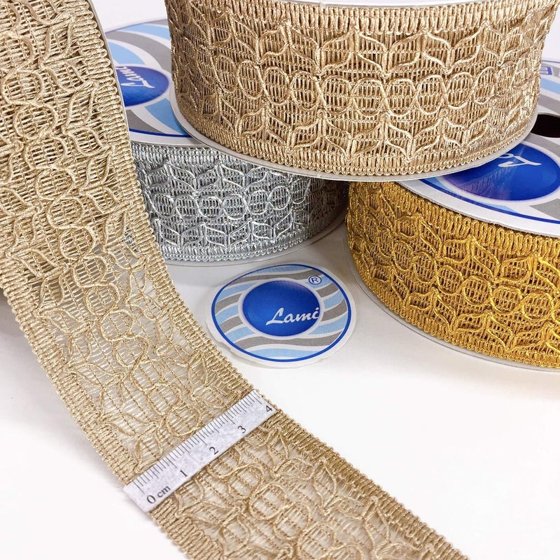 Lami لا مي 9 متر كروشيه كرواتيا صيفي بلون ذهبي فاتح مع زري/جاري، زينة منزلية مزهرة، تزيينات هندية، أشرطة تغليف احتفالية زخرفية للتزيين، أشرطة للفنون والحرف - Image 2