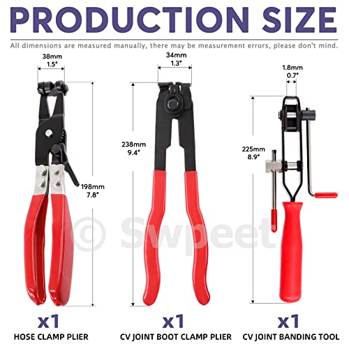 Swpeet 3Pcs Red CV Joint Boot Clamp and Swivel Flat Band Hose Clamp Assortment Kit Ear Boot Tie Car Band Tool Car Water Pipe Locking Pliers Automotive Hose - Image 3