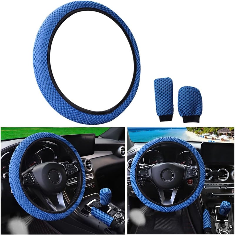 Bittwee 3PCS 15Inch Car Steering Wheel Cover Armrest Cover Gear Shift Cover Set, Microfiber Breathable Anti-Slip Automotive Steering Wheel Protector, Vehicle Interior Decor, Universal Fit（Blue） - Image 1
