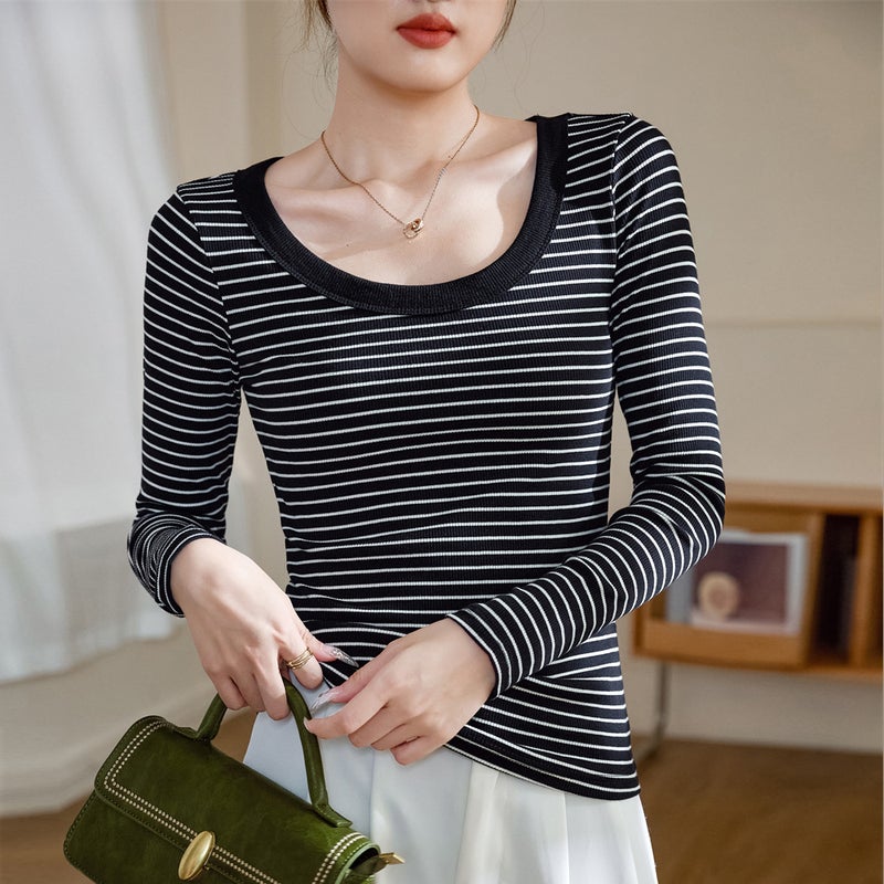 Selection Pure Cotton Stripesd T-Shirt Women'S Long-Sleeved 2025 Round Neck Right Shoulder Top Slim Slim Bottoming Shirt - Image 1