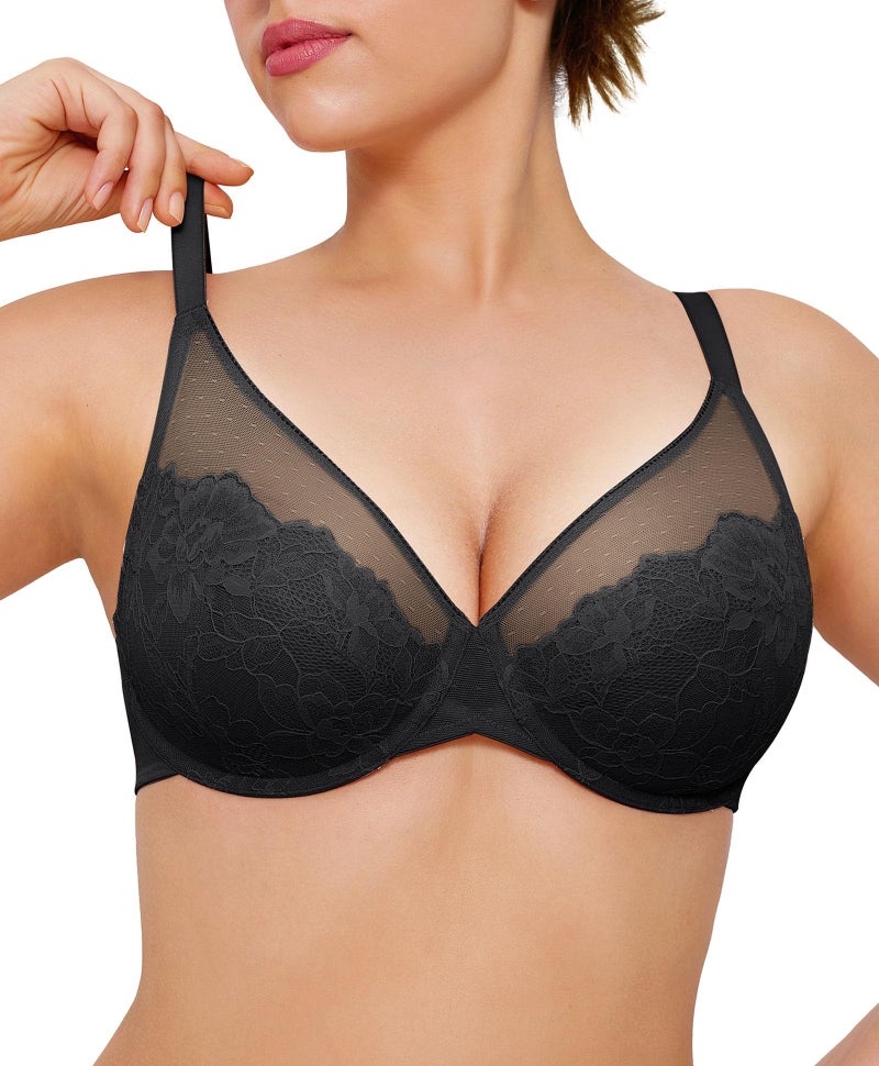 Popilush Bras for Women, Lace Minimizer Underwire Bra, Unlined Full Coverage with Comfortable Lift for Large Bust Size 38DD Color Black - Image 1
