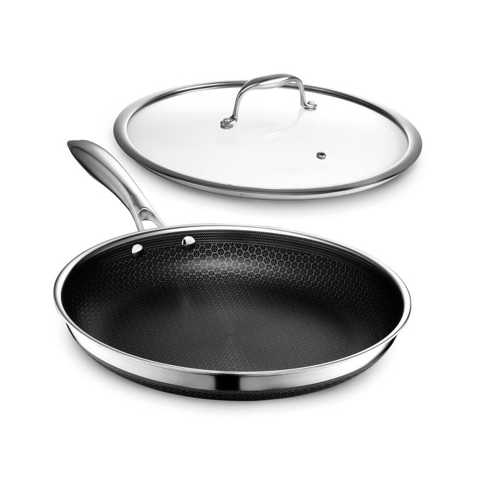 HYBRID NONSTICK 12INCH FRYING PAN WITH TEMPERED GLASS LID STAYCOOL HANDLE DISHWASHERFRIENDLY OVENSAFE UP TO 900F INDUCTION READY COMPATIBLE WITH ALL COOKTOPS