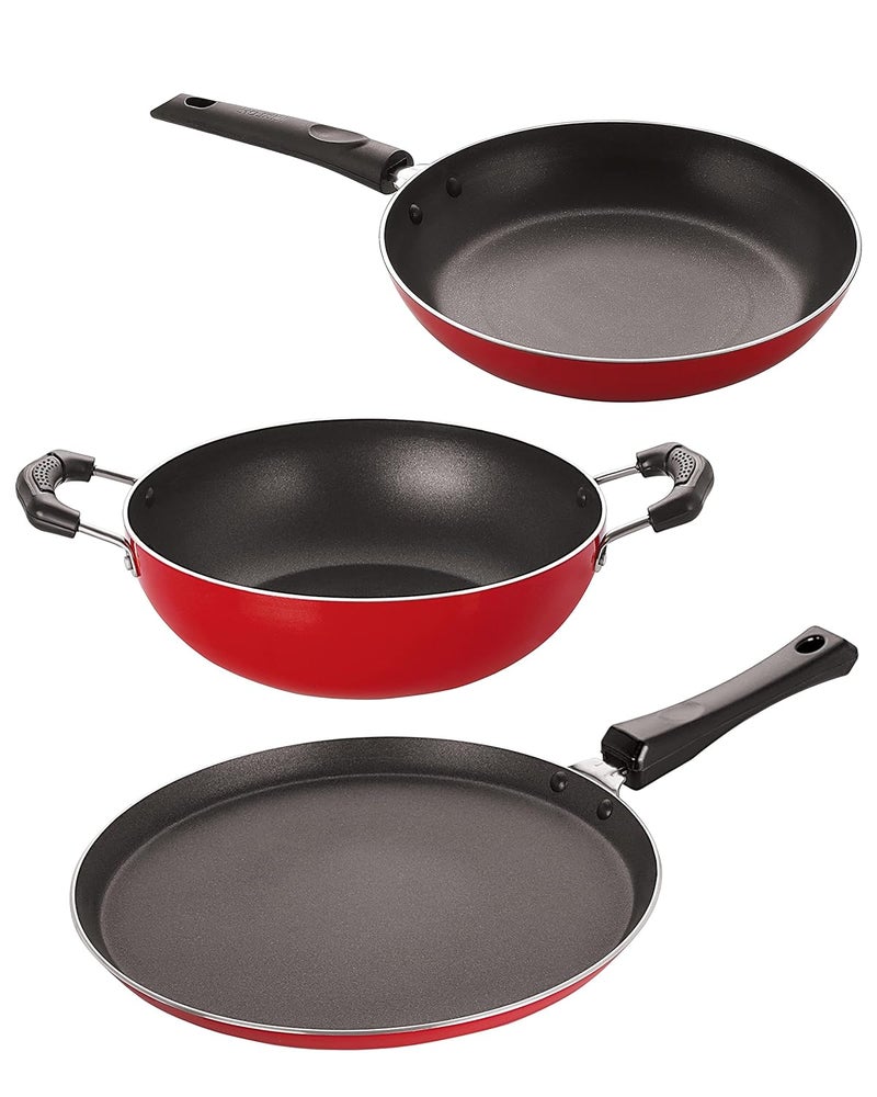 Nirlon Non-Stick Aluminium Cookware Set, 6-Pieces, Red & Black