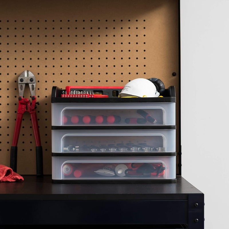 IRIS USA Plastic Desk Top 3-Drawer Storage Organizer with Paper Tray Top, 1-Pack, for Makeup Vanity Nail Polish Bathroom Stationery Art Craft Supplies Kitchen Office Garage Organization, Medium, Black - Image 2