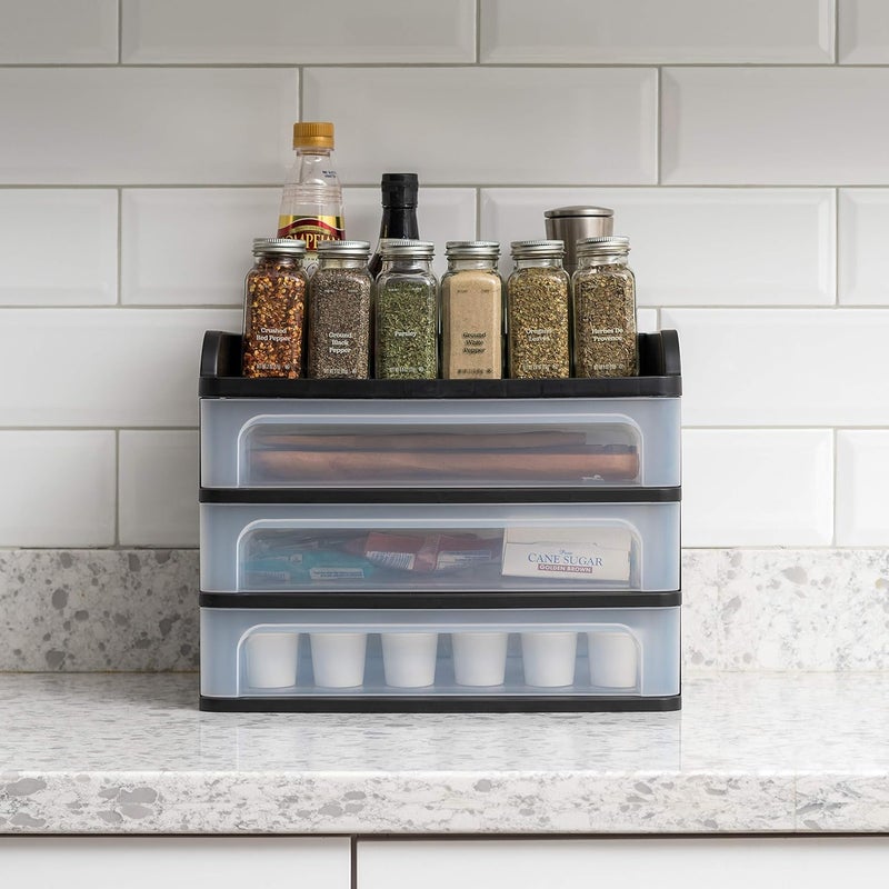 IRIS USA Plastic Desk Top 3-Drawer Storage Organizer with Paper Tray Top, 1-Pack, for Makeup Vanity Nail Polish Bathroom Stationery Art Craft Supplies Kitchen Office Garage Organization, Medium, Black - Image 5