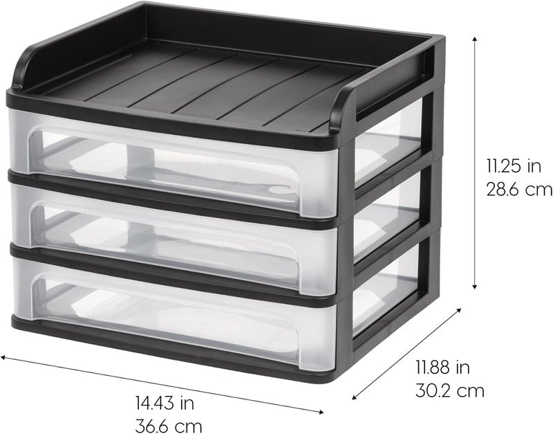 IRIS USA Plastic Desk Top 3-Drawer Storage Organizer with Paper Tray Top, 1-Pack, for Makeup Vanity Nail Polish Bathroom Stationery Art Craft Supplies Kitchen Office Garage Organization, Medium, Black - Image 3