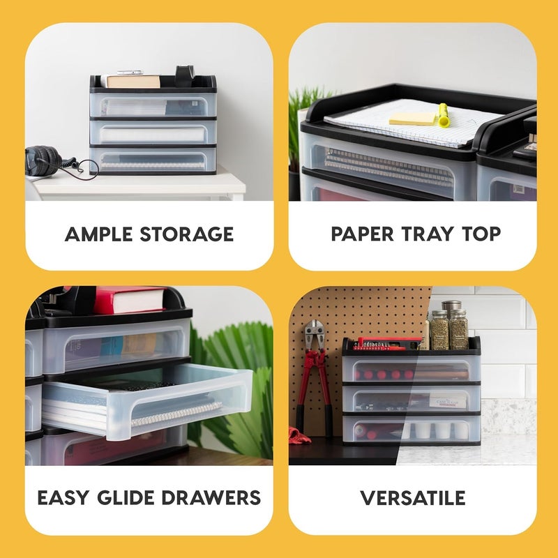 IRIS USA Plastic Desk Top 3-Drawer Storage Organizer with Paper Tray Top, 1-Pack, for Makeup Vanity Nail Polish Bathroom Stationery Art Craft Supplies Kitchen Office Garage Organization, Medium, Black - Image 4