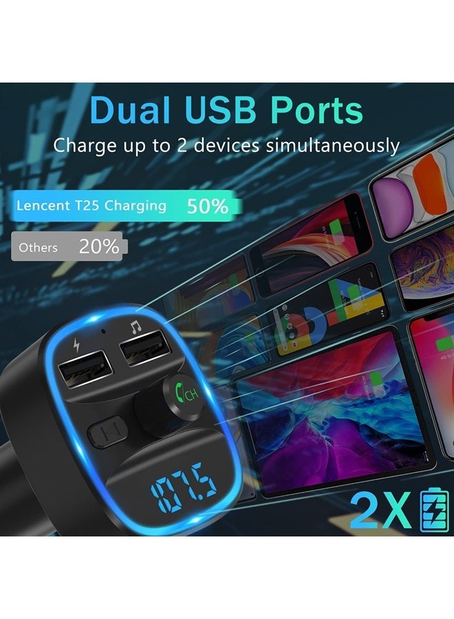 Lencent FM Transmitter, 2022 Upgraded Bluetooth FM Transmitter Wireless Radio Adapter Car Kit with Dual USB Charging Car Charger MP3 Player Support TF Card & USB Disk