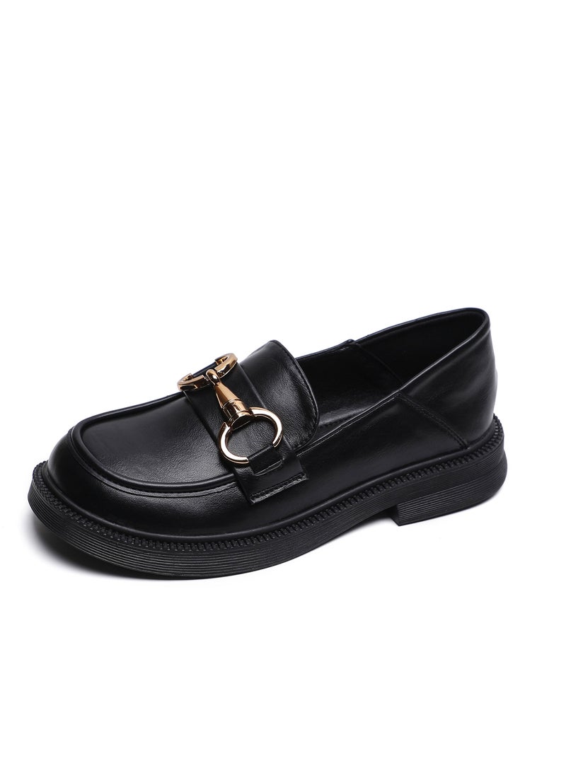 Loquat Preppy Round Toed Leather Shoes Black  - Image 1