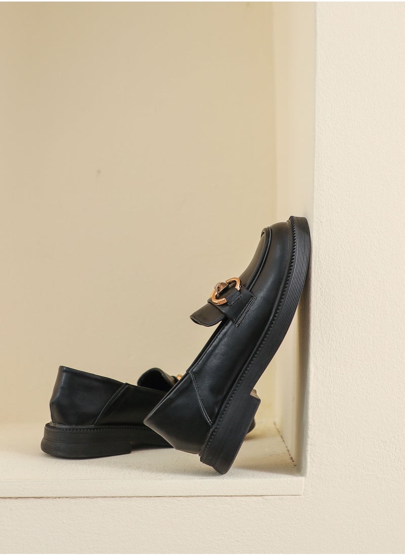 Loquat Preppy Round Toed Leather Shoes Black  - Image 2