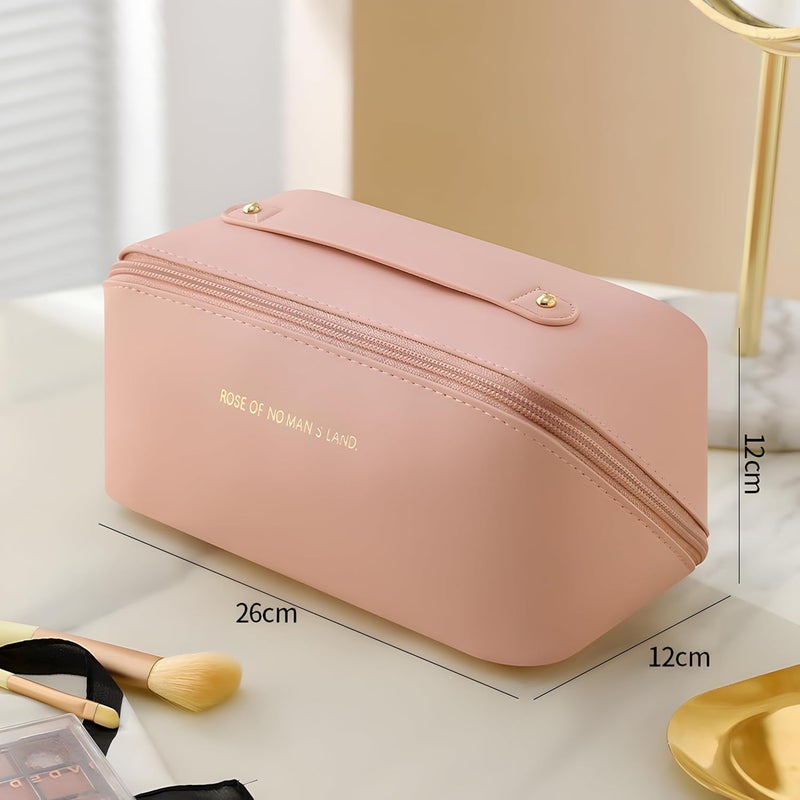 CLAPONE Makeup Pouch Bag Travel Makeup Bag Leather Makeup Organizer Bag/Cosmetic Pouch for Women/Travel Toiletry Bag/Large Capacity Cosmetic Bags Women/Waterproof Portable Pouch Toiletry Bag (Pink) - Image 2