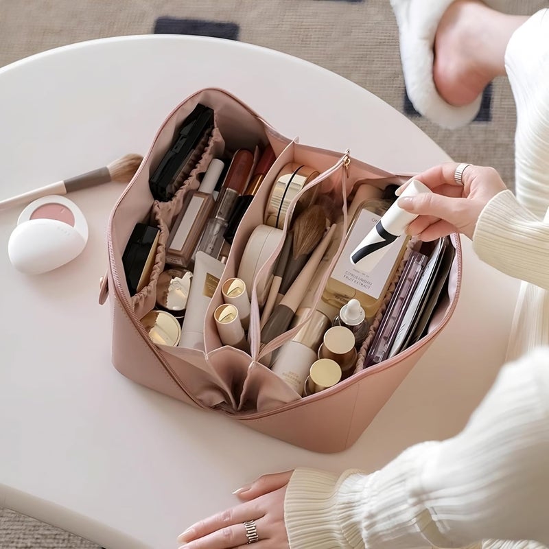 CLAPONE Makeup Pouch Bag Travel Makeup Bag Leather Makeup Organizer Bag/Cosmetic Pouch for Women/Travel Toiletry Bag/Large Capacity Cosmetic Bags Women/Waterproof Portable Pouch Toiletry Bag (Pink) - Image 5