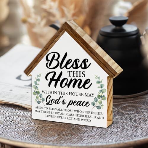 CIANMGD Housewarming Gifts, Christian Decor, Bless This Home House Shaped Wooden Block Sign for Living Room, Desk, Table, Shelf - New Home Owner Gift - Image 3