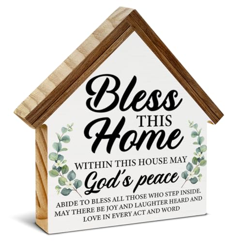 CIANMGD Housewarming Gifts, Christian Decor, Bless This Home House Shaped Wooden Block Sign for Living Room, Desk, Table, Shelf - New Home Owner Gift - Image 1
