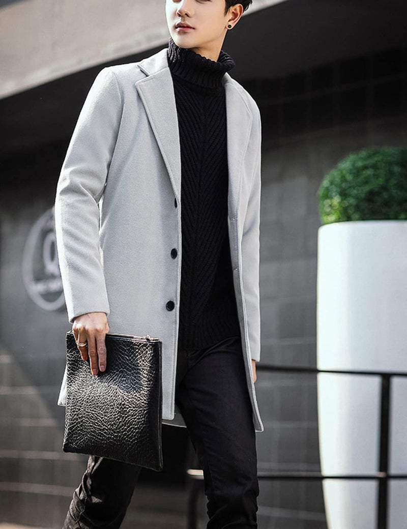 Springrain Men's Wool Blend Pea Coat Notched Collar Single Breasted Overcoat Warm Winter Trench Coat(Light Gray-XS) - Image 4