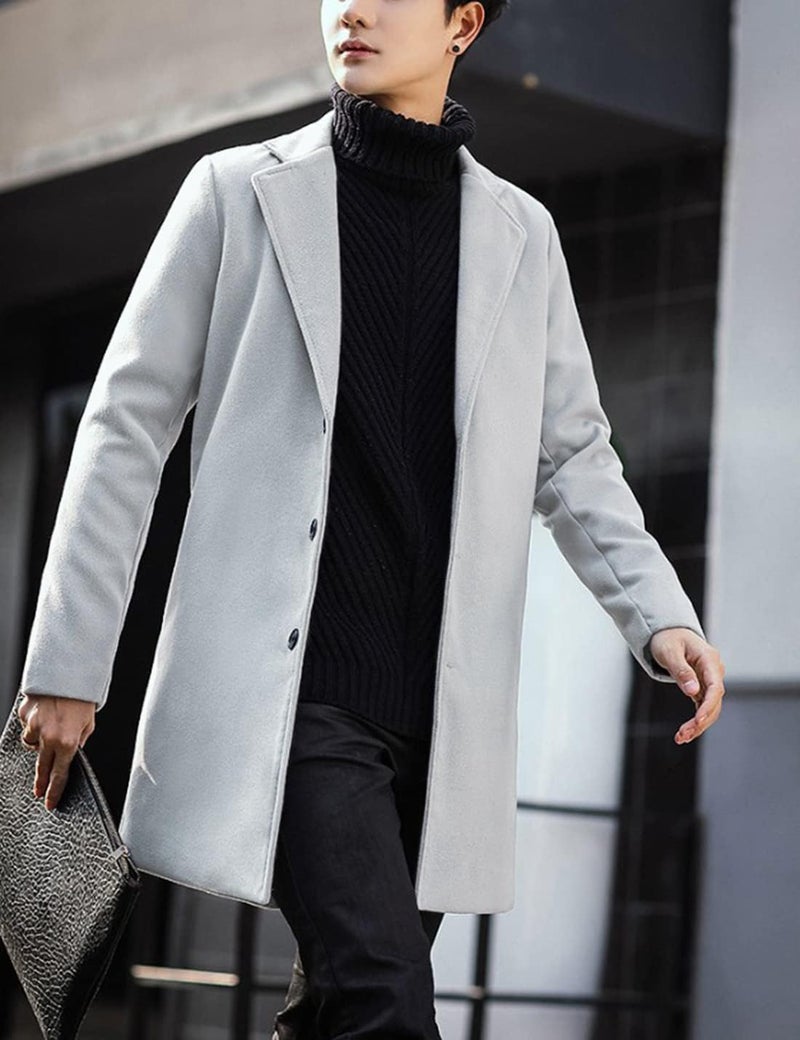 Springrain Men's Wool Blend Pea Coat Notched Collar Single Breasted Overcoat Warm Winter Trench Coat(Light Gray-XS) - Image 5