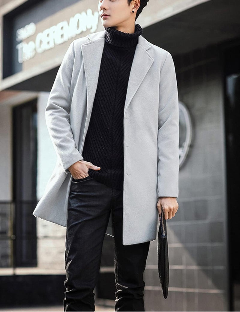 Springrain Men's Wool Blend Pea Coat Notched Collar Single Breasted Overcoat Warm Winter Trench Coat(Light Gray-XS) - Image 3