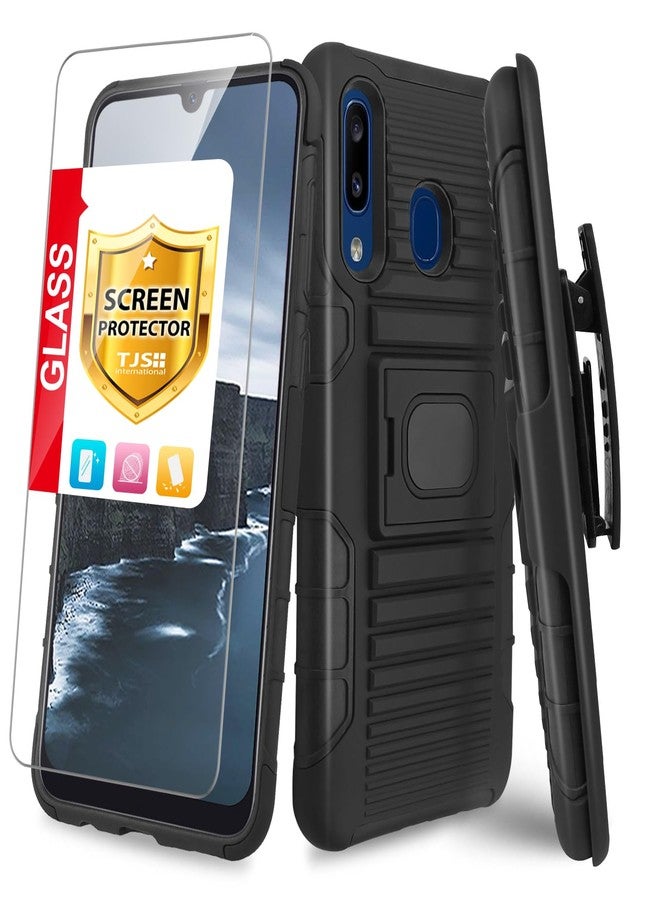 TJ's TJS Phone Case Compatible with Samsung Galaxy A20/Galaxy A30, [Tempered Glass Screen Protector] Belt Clip Holster Resistant Magnetic Support Hybrid Kickstand Heavy Duty Cover (Black) - Image 1