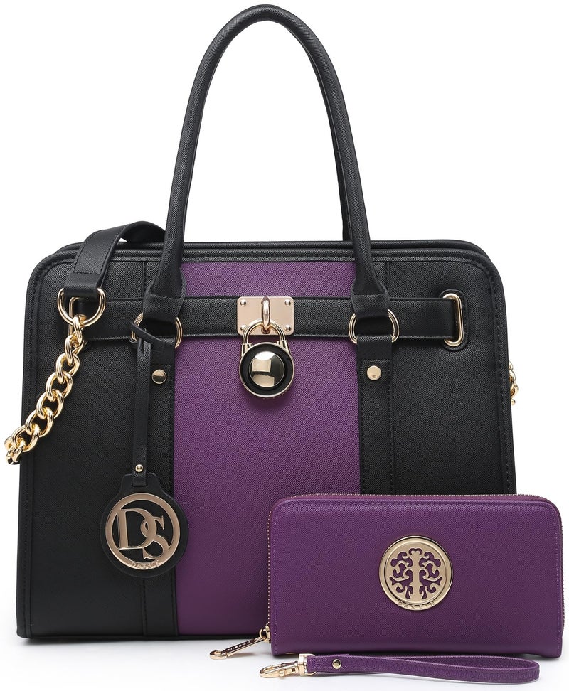 Dasein Two Tone Satchel Handbags Purses for Women Vegan Leather Shoulder Bags Large Tote Bag with Matching Wallet