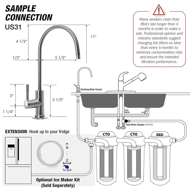 Ocean Drop 3Stage Under Sink Water Filtration System for Drinking Tankless High Capacity With Sediment GAC CTO Faucet All Required Fitting AccessoriesThis Filter Dose Not Lower TDS Value - Image 3