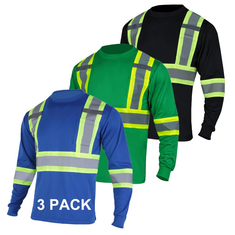 FONIRRA High Visibility Shirts for Men 3 Pack Reflective ANSI Class Hi Vis Safety Construction Work T Shirt Long Sleeves - Image 2