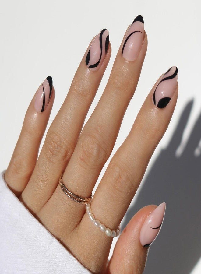 Glamnetic Press On Nails - Ink Wave | Short Almond Fake Nails with a Sheer Base, Black Swirl Designs in a Glossy Finish, Salon Quality | 15 Sizes - 30 Nail Kit with Glue - Image 1