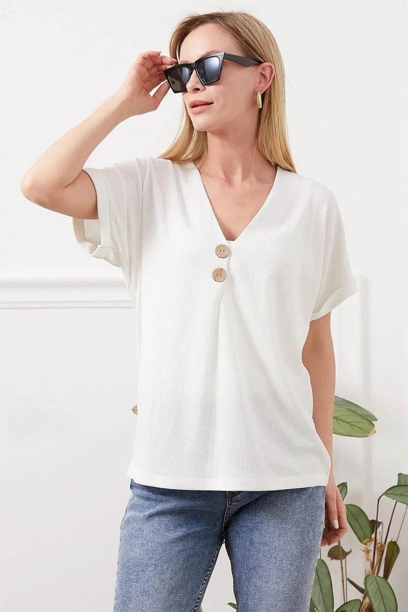 Tena Women's Ecru Low Sleeve V Neck Button Detail Rushel Blouse