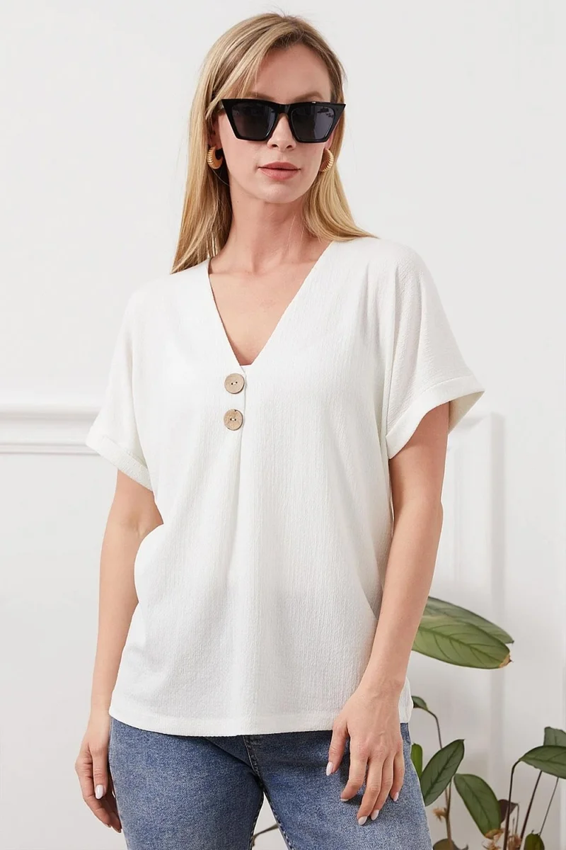 Tena Women's Ecru Low Sleeve V Neck Button Detail Rushel Blouse
