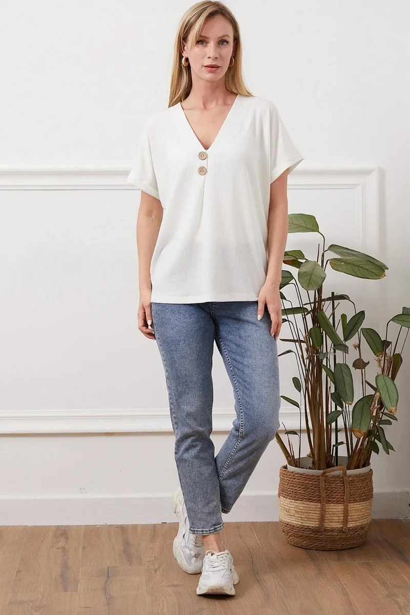 Tena Women's Ecru Low Sleeve V Neck Button Detail Rushel Blouse