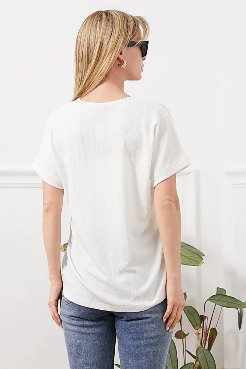 Tena Women's Ecru Low Sleeve V Neck Button Detail Rushel Blouse