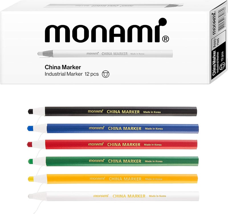 Monami Peel Off China Markers, Assorted Color, Grease Pencil, Pack of 12, Fade & Moisture Resistant Wax Markers, Easy to Erase, for Glass, Metal, Porcelain & Other - Image 1
