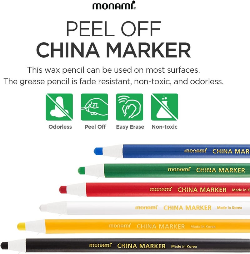 Monami Peel Off China Markers, Assorted Color, Grease Pencil, Pack of 12, Fade & Moisture Resistant Wax Markers, Easy to Erase, for Glass, Metal, Porcelain & Other - Image 2