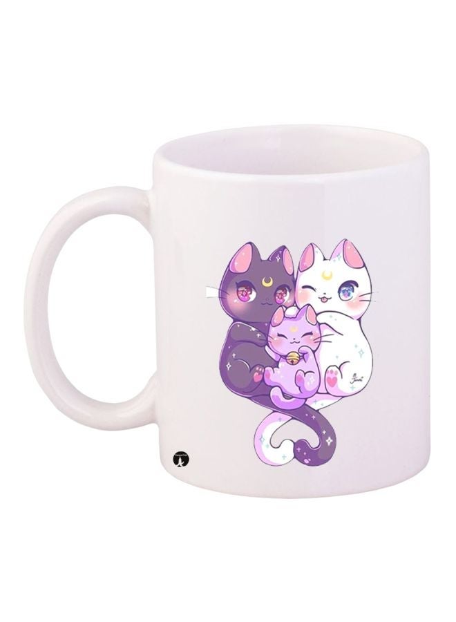 RYN Cartoon Cats Printed Coffee Mug White/Purple/Grey 11ounce