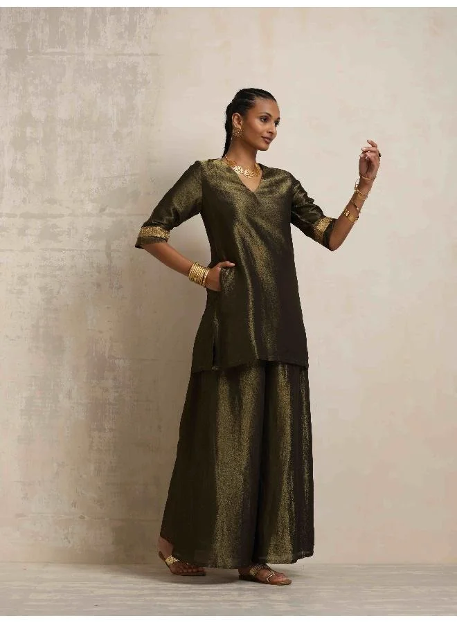 trueBrowns Olive Green Tissue Sharara Set
