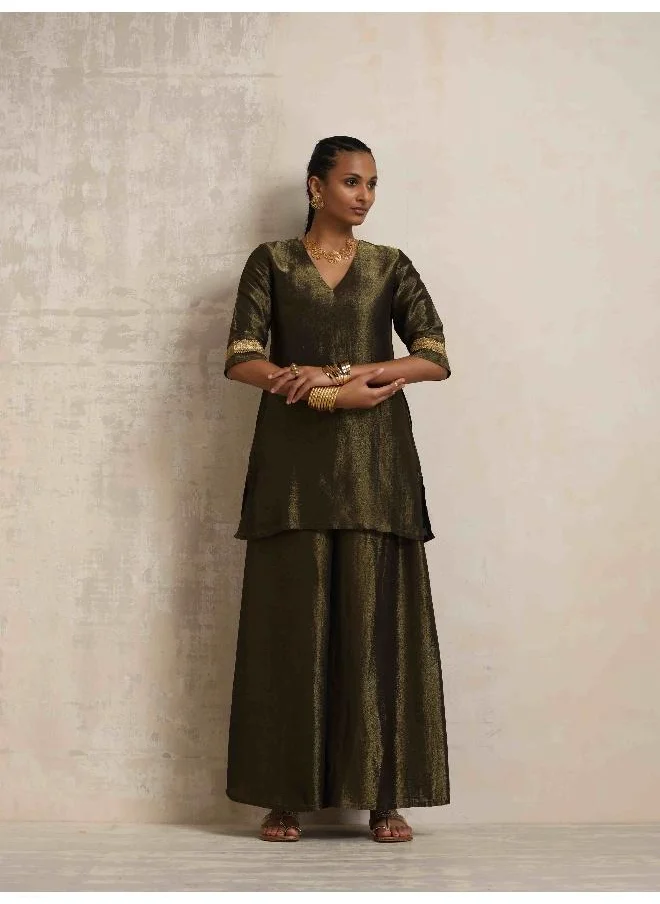 trueBrowns Olive Green Tissue Sharara Set