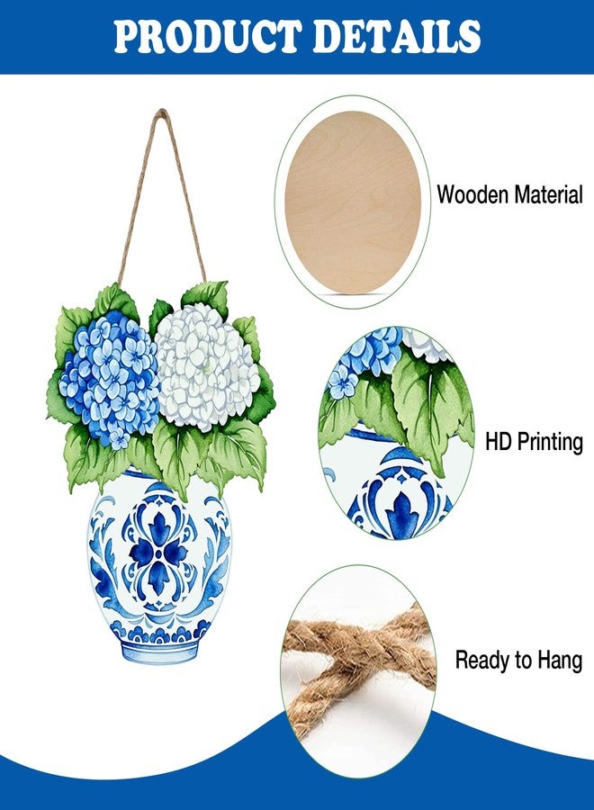 Bolisom Hydrangea Flower Front Door Sign, Chinoiserie Floral Blue and White Porcelain Vase Wood Hanger Outdoor Outside Porch Home Decor, Spring Summer Wooden Wreath Indoor Wall Hanging Decoration - Image 3
