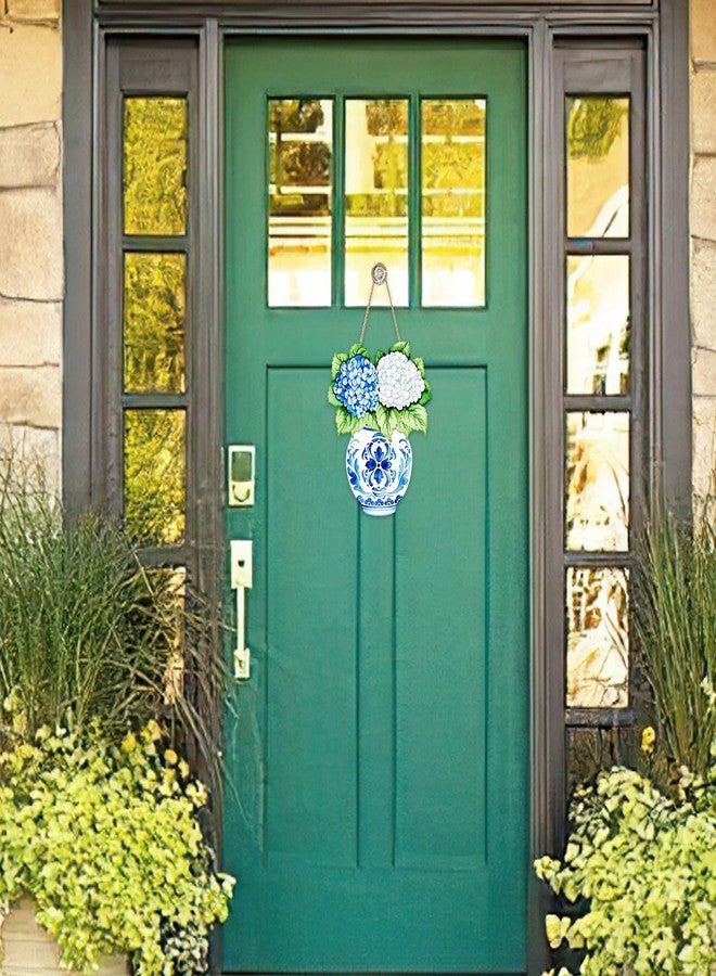 Bolisom Hydrangea Flower Front Door Sign, Chinoiserie Floral Blue and White Porcelain Vase Wood Hanger Outdoor Outside Porch Home Decor, Spring Summer Wooden Wreath Indoor Wall Hanging Decoration - Image 4